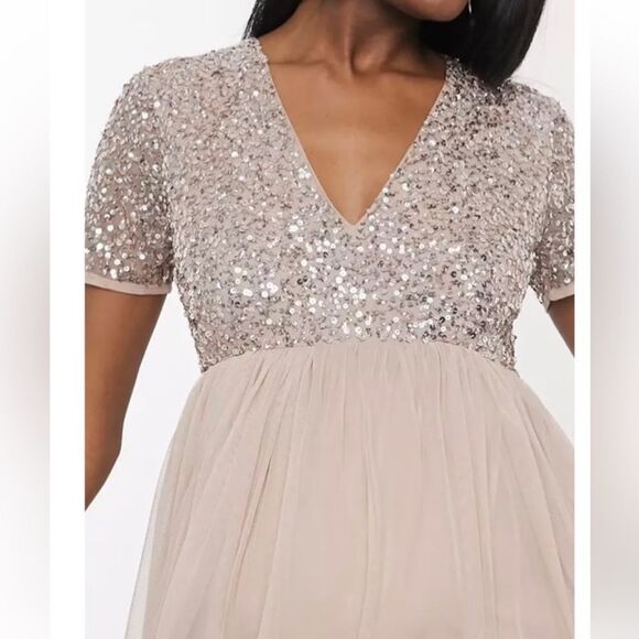 ASOS Maternity- Maya Deluxe Maxi Sequin Short Sleeve Tulle Bottom Dress- Size 4 - Picture 3 of 14